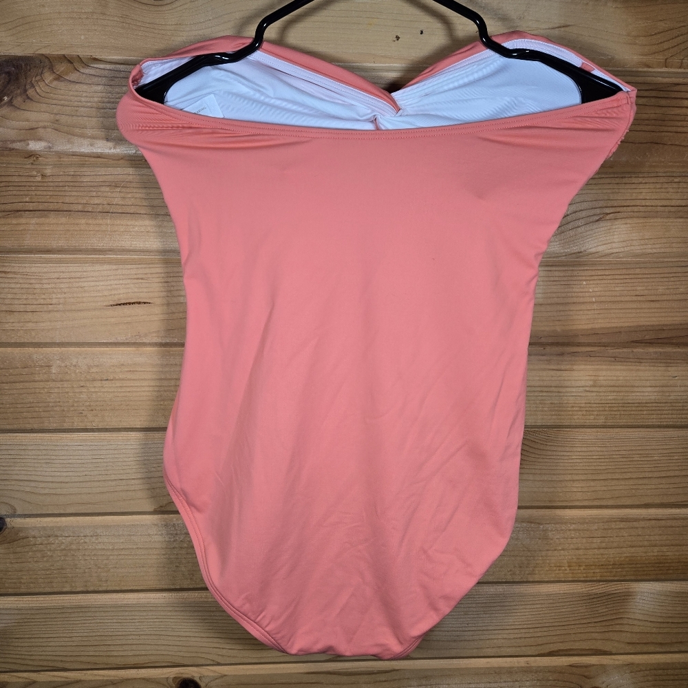 Loft Beach One Piece Swimsuit Twist Bandeau Top Keyhole Coral Women's Large New - Picture 2 of 5
